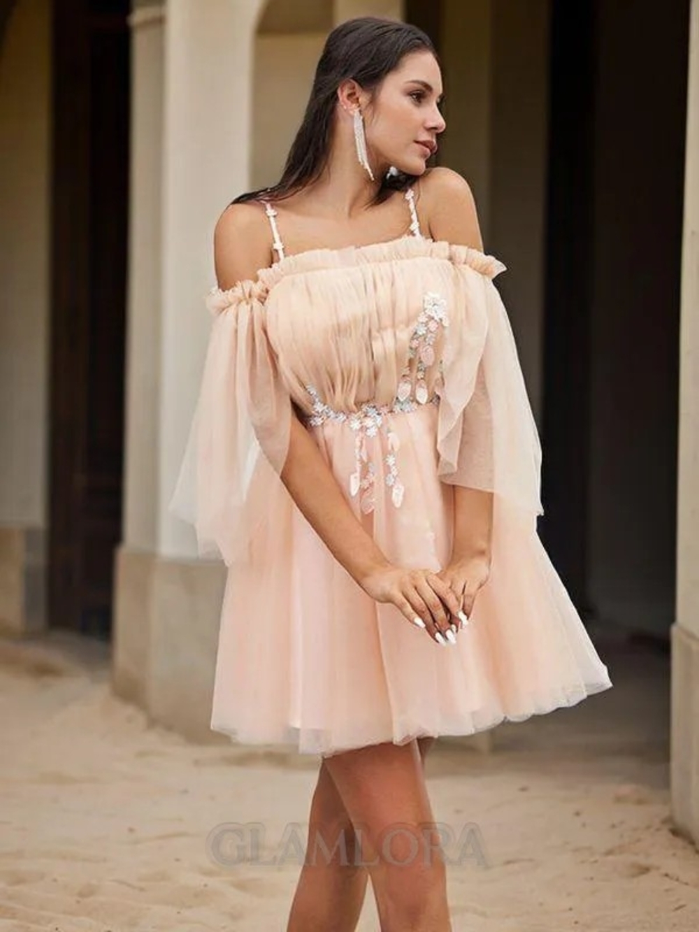 Hebeos Tulle A-Line Champagne Mini Dress